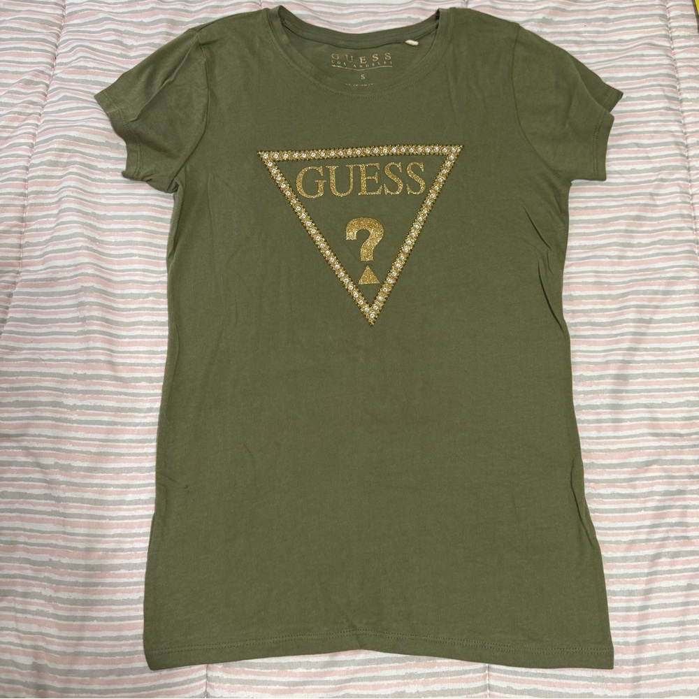 Guess T-Shirt Olive Green Gold Logo Short Sleeve Size Small